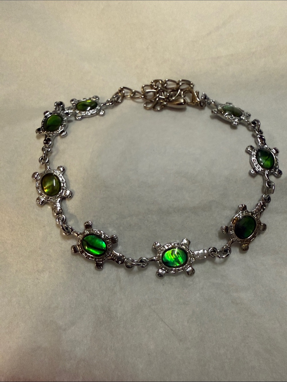 Silver Turtle Link Bracelet with Green Abalone Stones